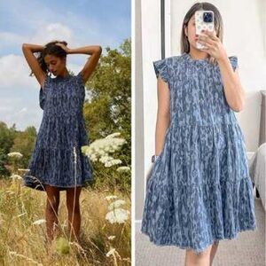 Anthropologie Jenee Blue Chambray Leopard Print Tiered Ruffle Tunic Dress